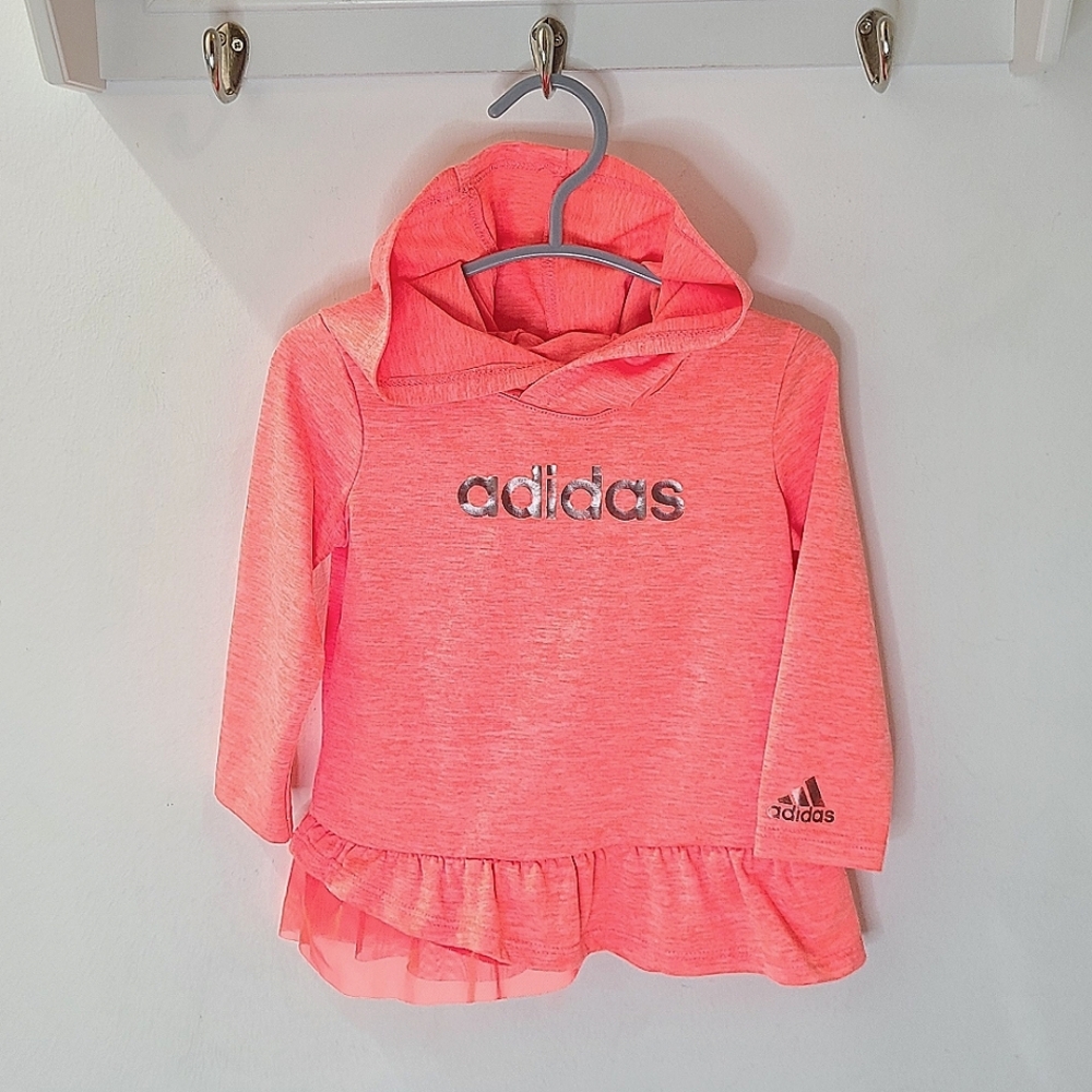 Adidas Heathered Neon Coral Orange Long Sleeve Ruffle Hem Hoodie Tunic 9mo